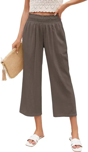 LookbookStore Linen Pants Women Capri Wide Leg High Wasited Pull On Elasitc Waist Summer Beach Palazzo Capris Pants