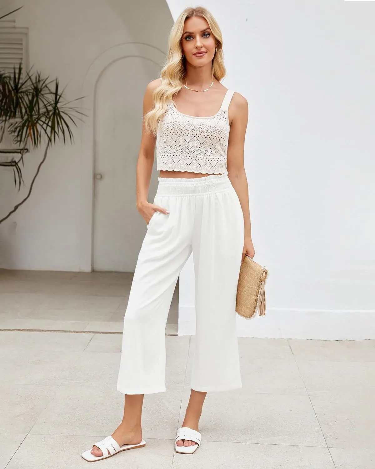 LookbookStore Linen Pants Women Capri Wide Leg High Wasited Pull On Elasitc Waist Summer Beach Palazzo Capris Pants