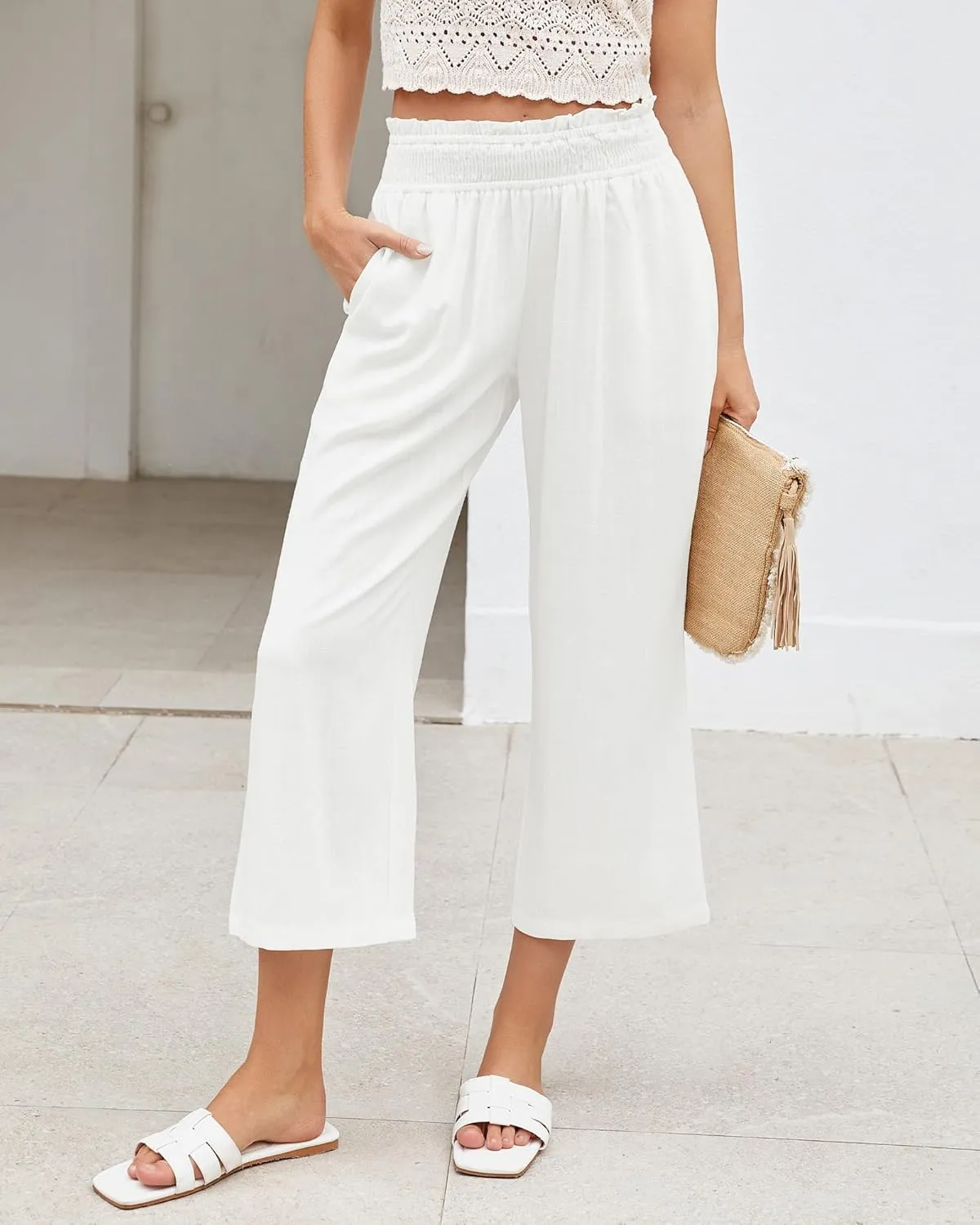 LookbookStore Linen Pants Women Capri Wide Leg High Wasited Pull On Elasitc Waist Summer Beach Palazzo Capris Pants