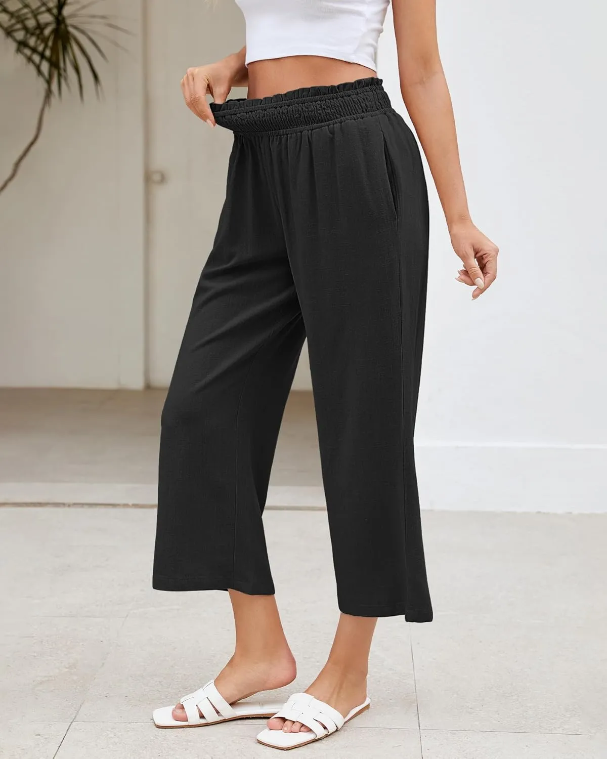 LookbookStore Linen Pants Women Capri Wide Leg High Wasited Pull On Elasitc Waist Summer Beach Palazzo Capris Pants