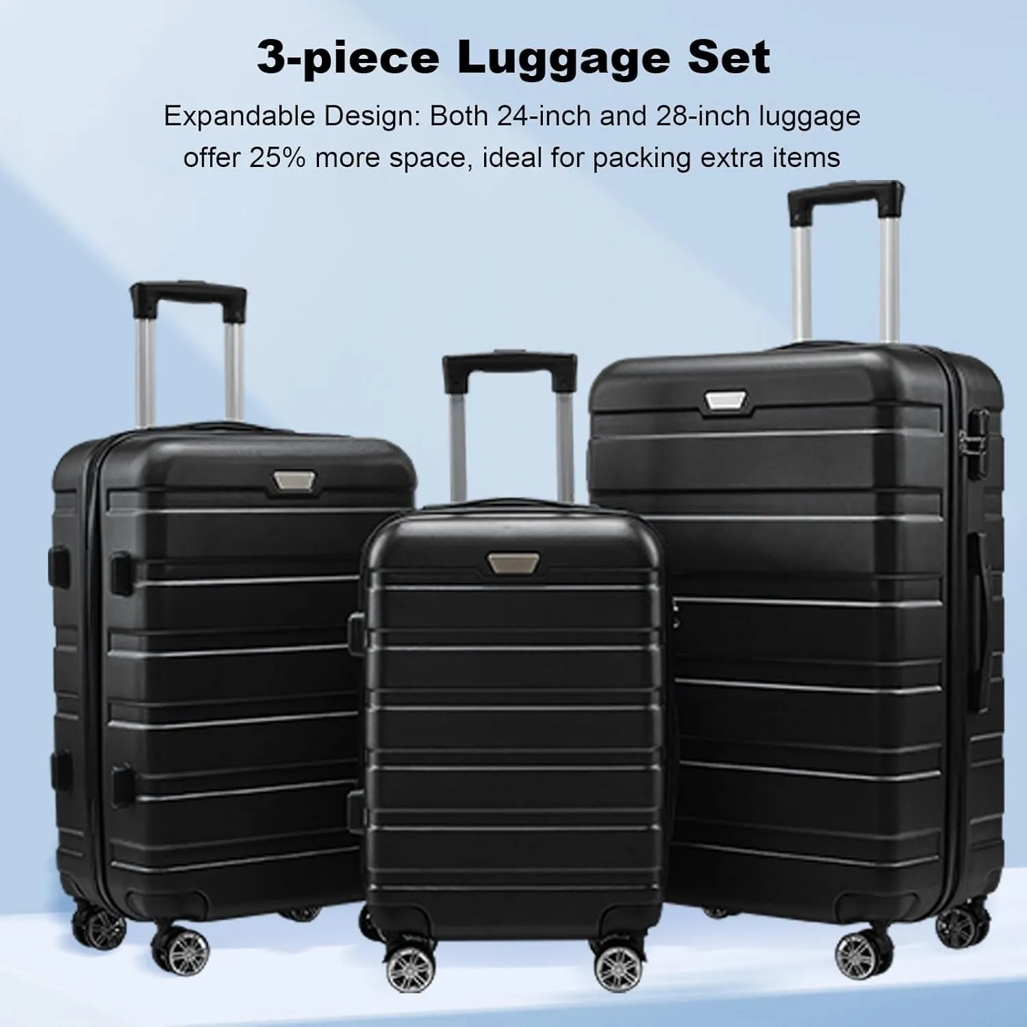 Luggage Sets, Expandable ABS Suitcase, 3 Piece Set Durable Hard Shell Spinner Wheel TSA Lock