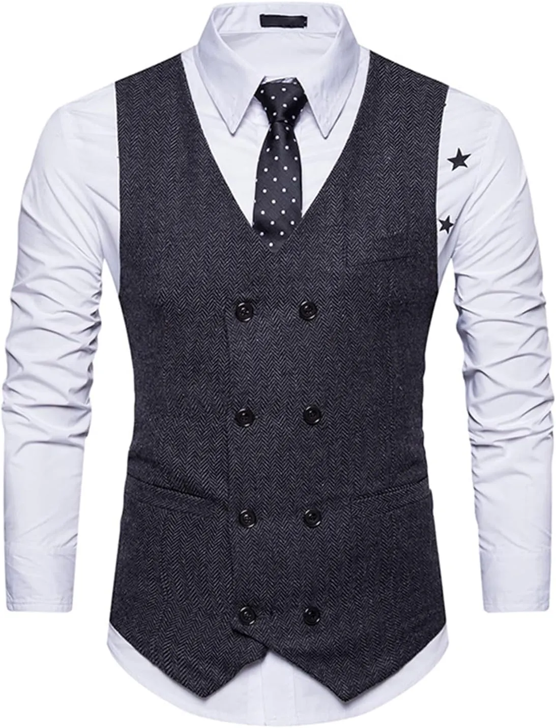 Lu's Chic Men's Double Breasted Waistcoat Fitted Sleeveless Suit Vest Cotton Business Formal Top