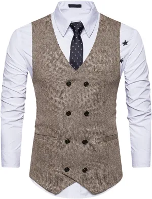 Lu's Chic Men's Double Breasted Waistcoat Fitted Sleeveless Suit Vest Cotton Business Formal Top