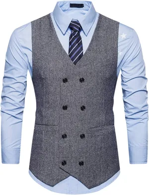 Lu's Chic Men's Double Breasted Waistcoat Fitted Sleeveless Suit Vest Cotton Business Formal Top