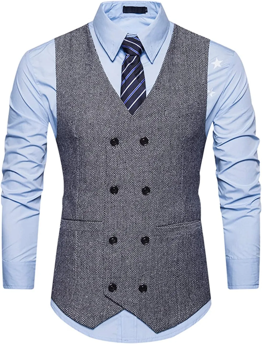 Lu's Chic Men's Double Breasted Waistcoat Fitted Sleeveless Suit Vest Cotton Business Formal Top