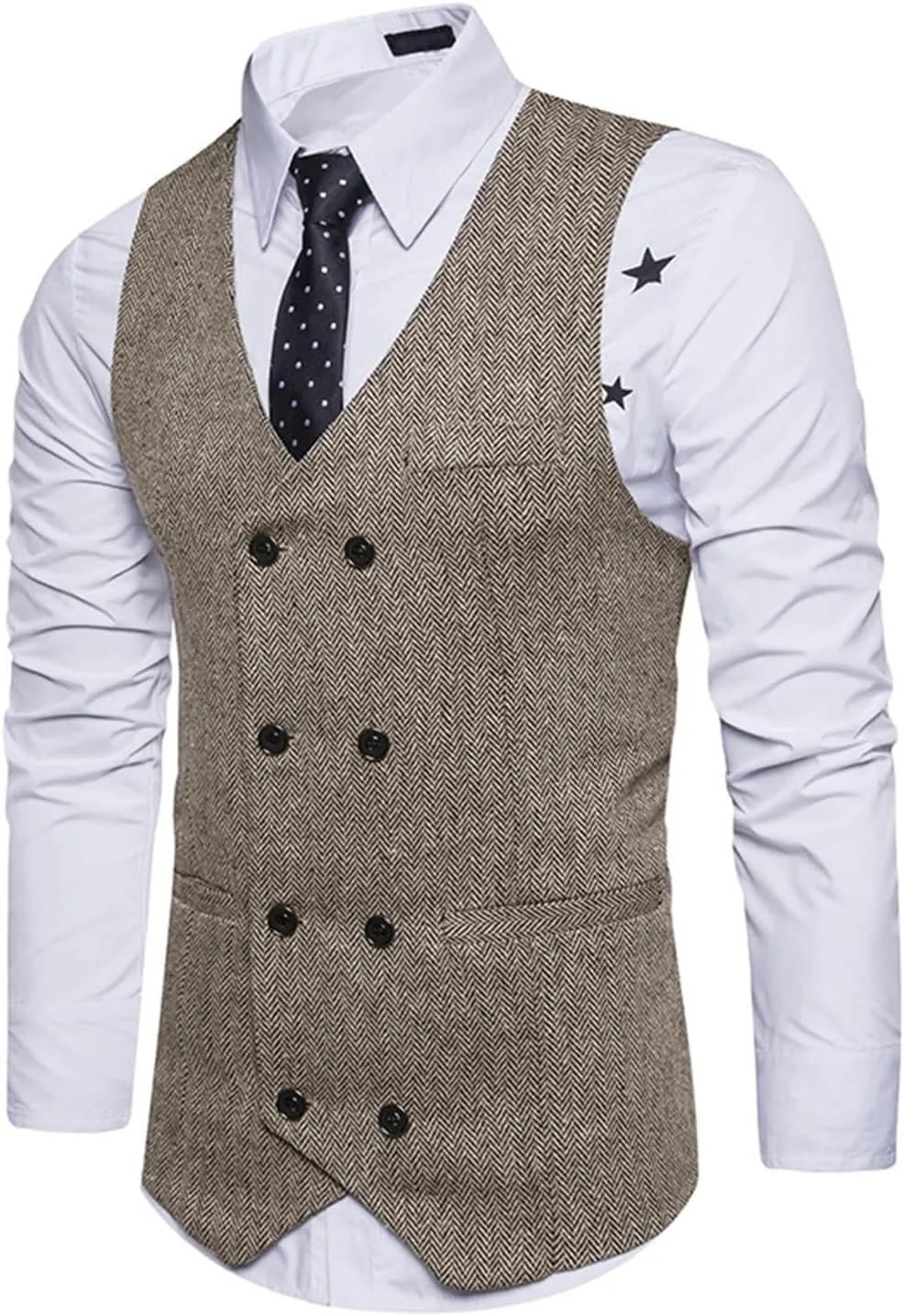Lu's Chic Men's Double Breasted Waistcoat Fitted Sleeveless Suit Vest Cotton Business Formal Top