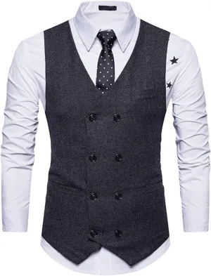 Lu's Chic Men's Double Breasted Waistcoat Fitted Sleeveless Suit Vest Cotton Business Formal Top