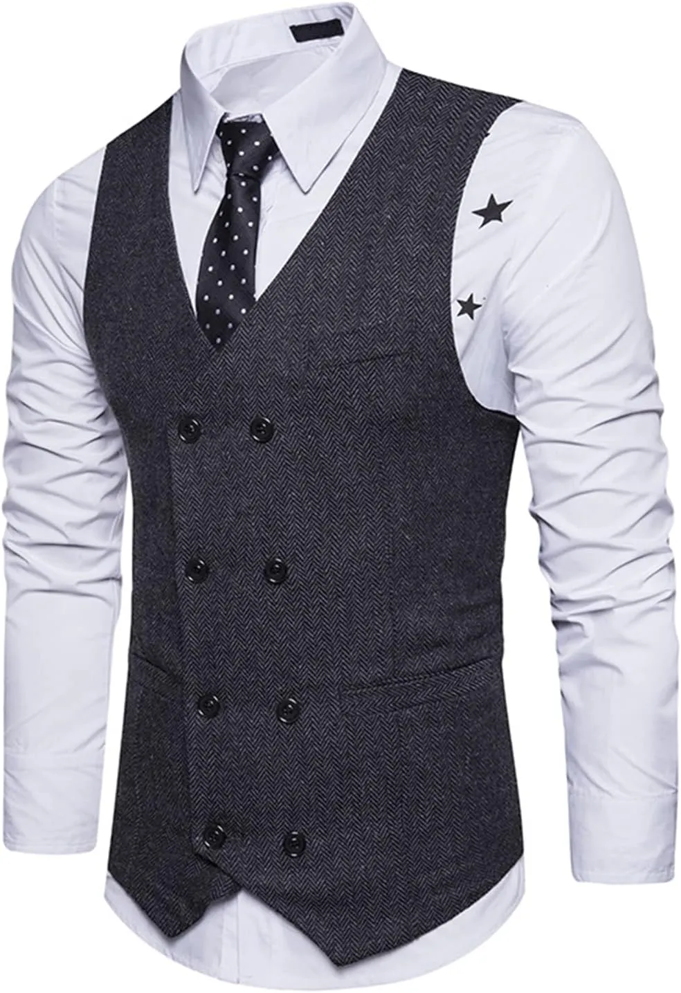 Lu's Chic Men's Double Breasted Waistcoat Fitted Sleeveless Suit Vest Cotton Business Formal Top