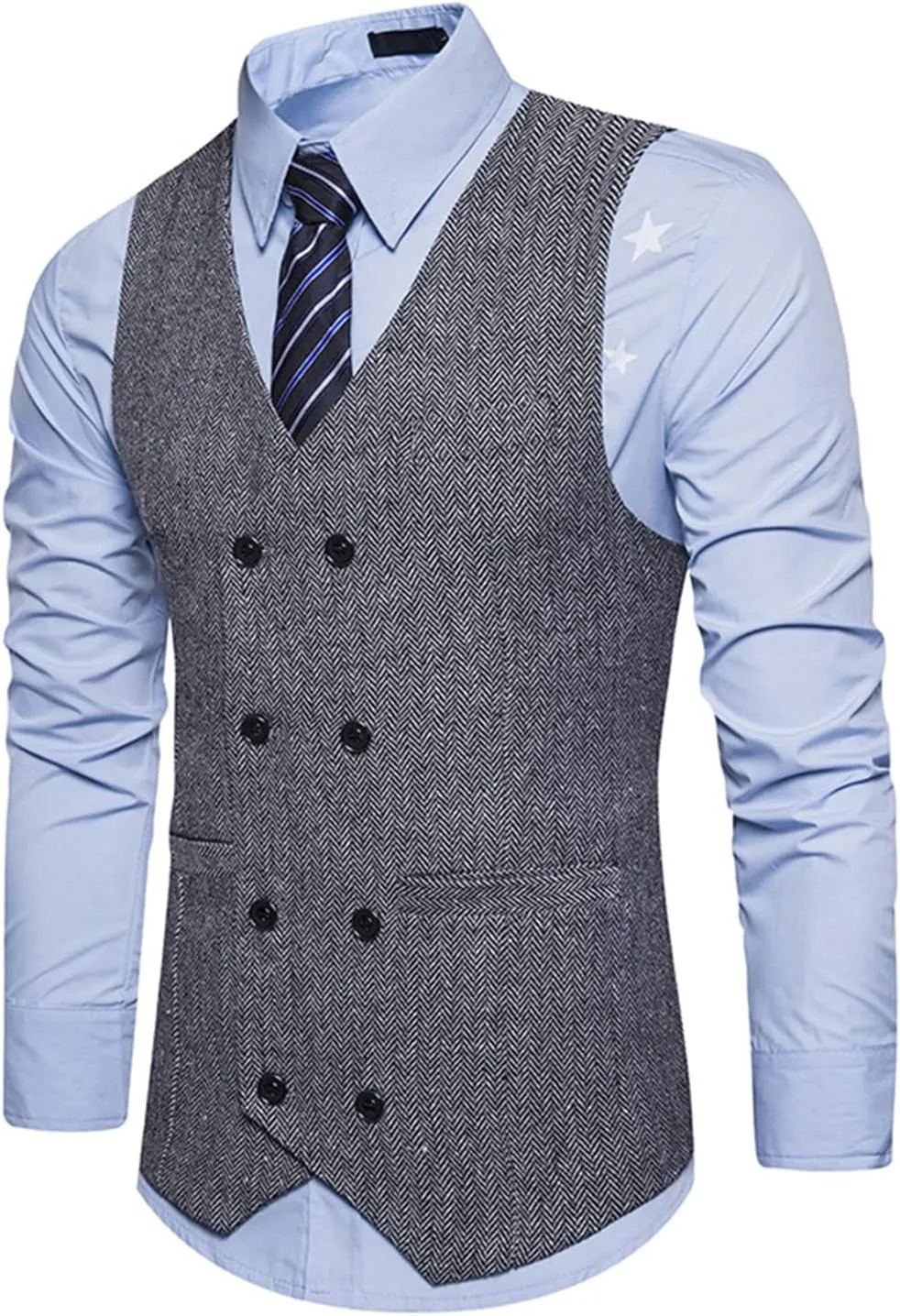 Lu's Chic Men's Double Breasted Waistcoat Fitted Sleeveless Suit Vest Cotton Business Formal Top