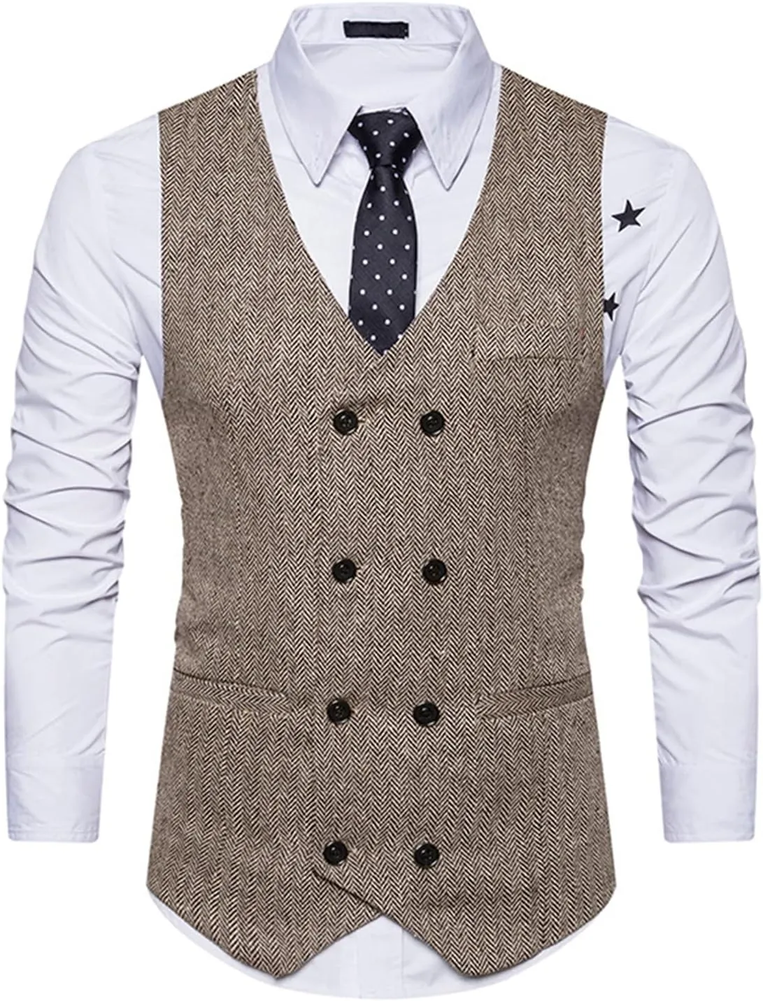 Lu's Chic Men's Double Breasted Waistcoat Fitted Sleeveless Suit Vest Cotton Business Formal Top