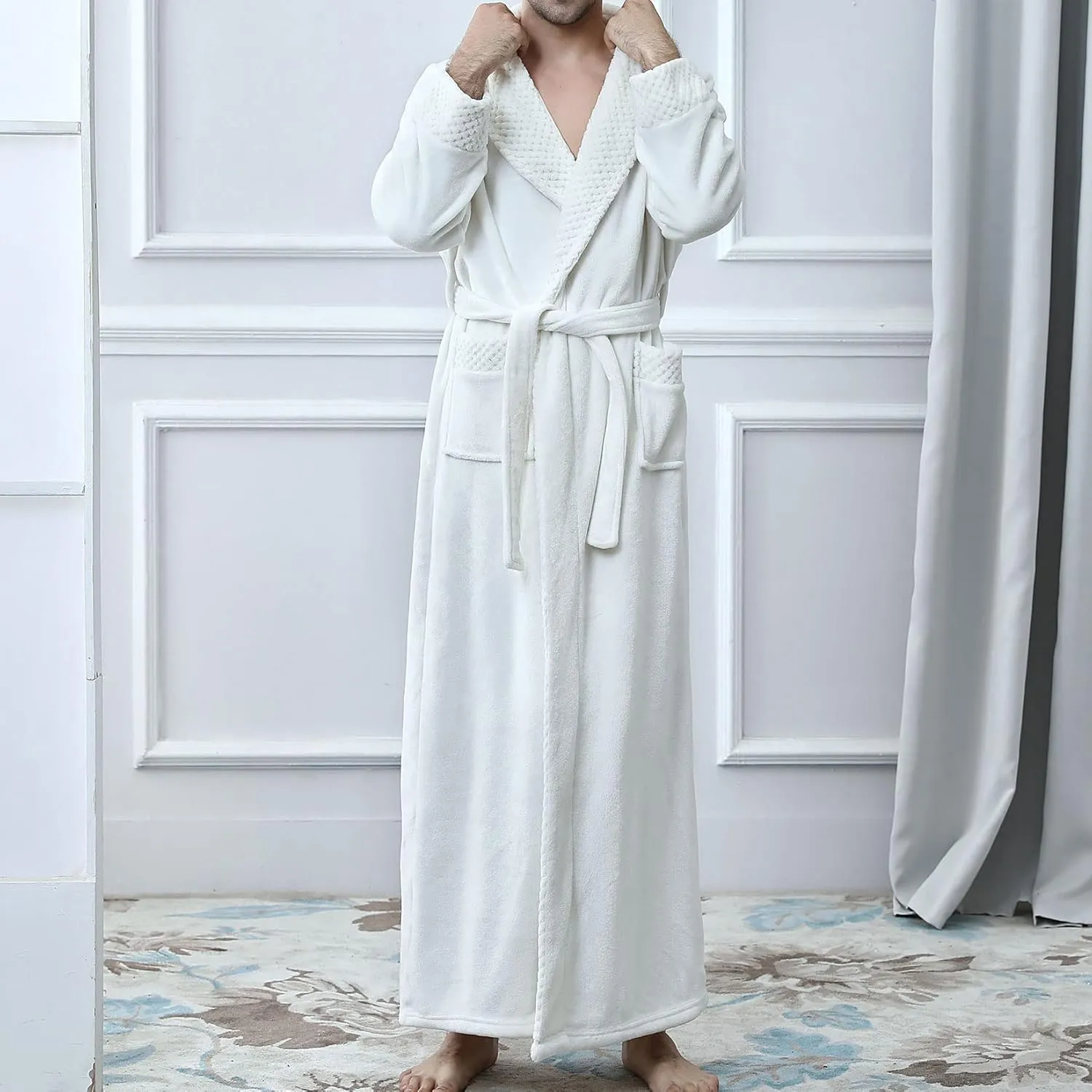Lu's Chic Men's Long Sleeve Robe House Bathrobe Full Length Fluffy Pocket Winter Bath Hot Tub