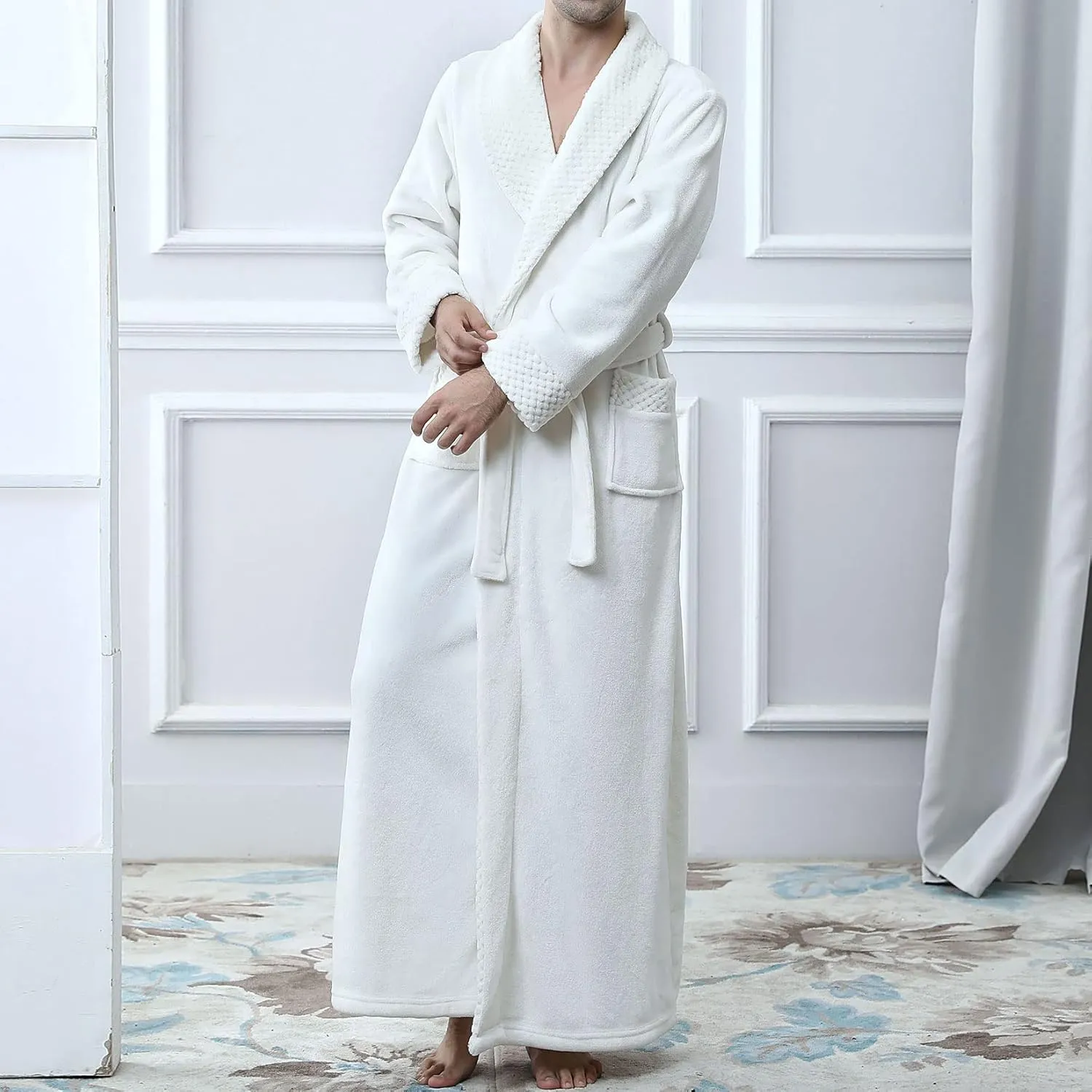 Lu's Chic Men's Long Sleeve Robe House Bathrobe Full Length Fluffy Pocket Winter Bath Hot Tub