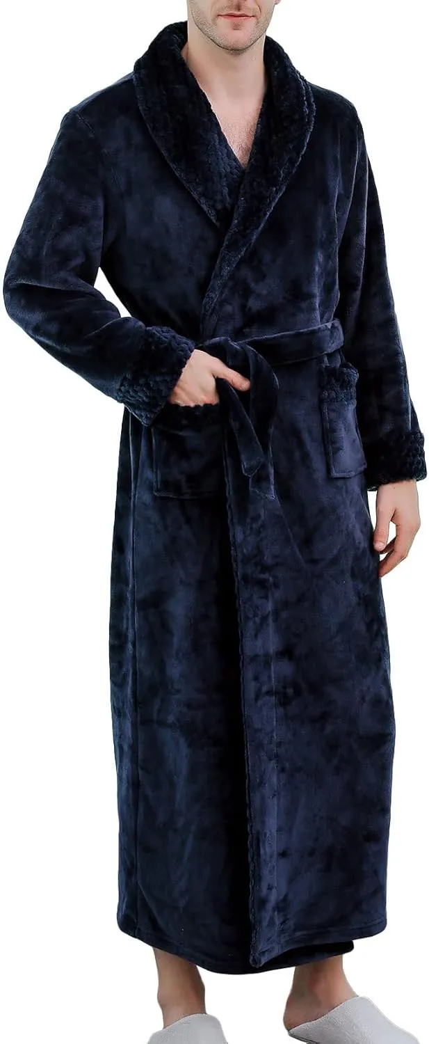 Lu's Chic Men's Long Sleeve Robe House Bathrobe Full Length Fluffy Pocket Winter Bath Hot Tub