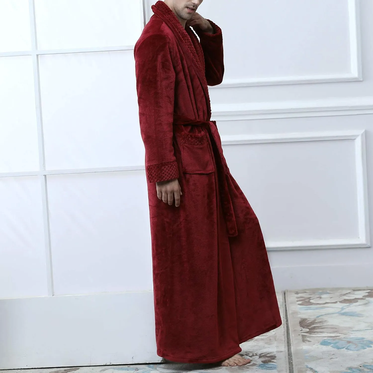 Lu's Chic Men's Long Sleeve Robe House Bathrobe Full Length Fluffy Pocket Winter Bath Hot Tub