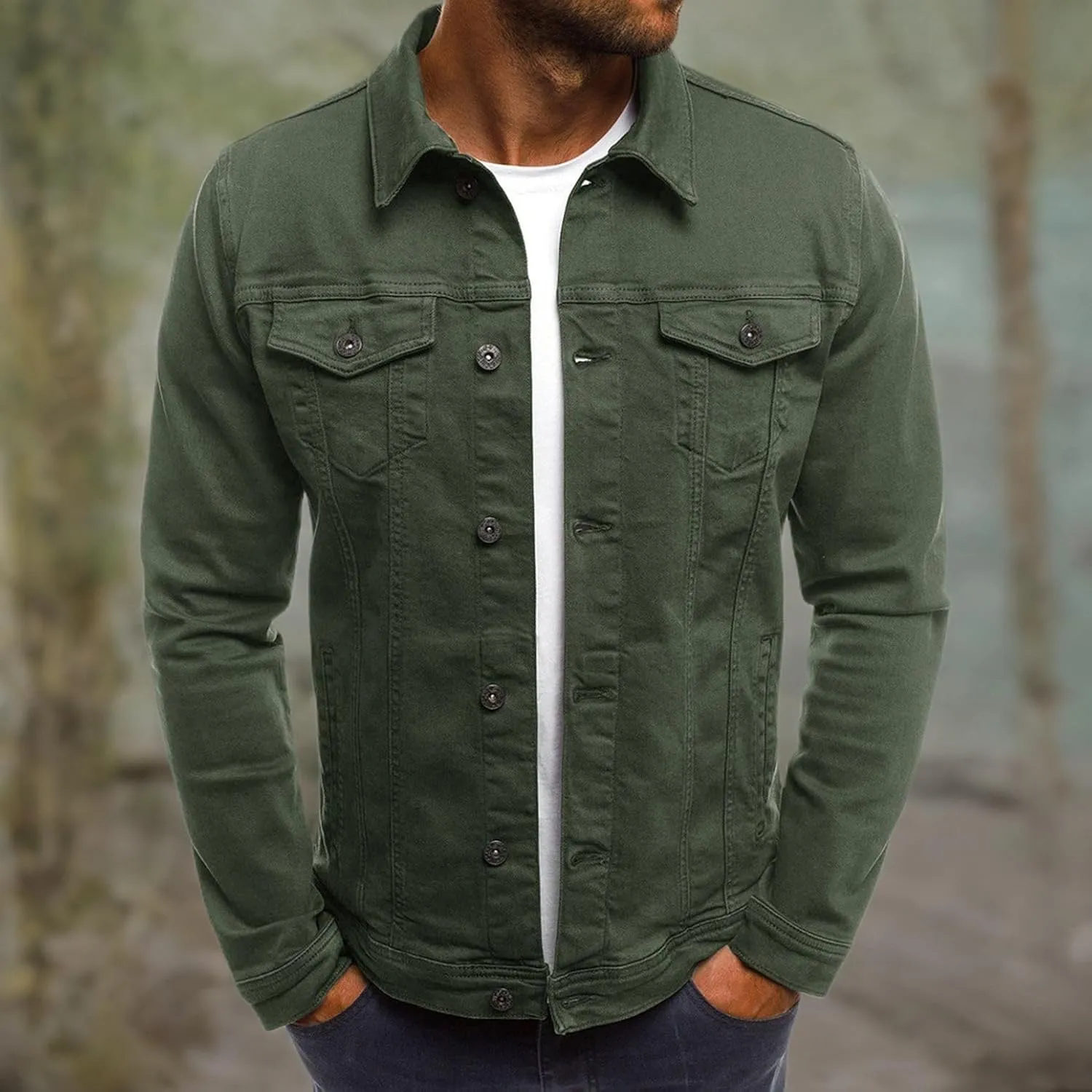 Lu's Chic Men's Shirt Jacket Soft Trucker Long Sleeve Cotton Shacket Fall Classic Button Casual Western