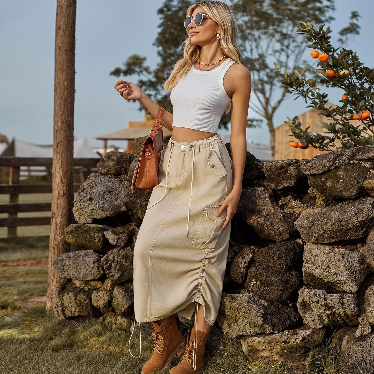 Lu's Chic Women's Denim Skirt Elastic Waist Cargo Western Jean Skirt Summer Pleated Button Pocket Drawstring