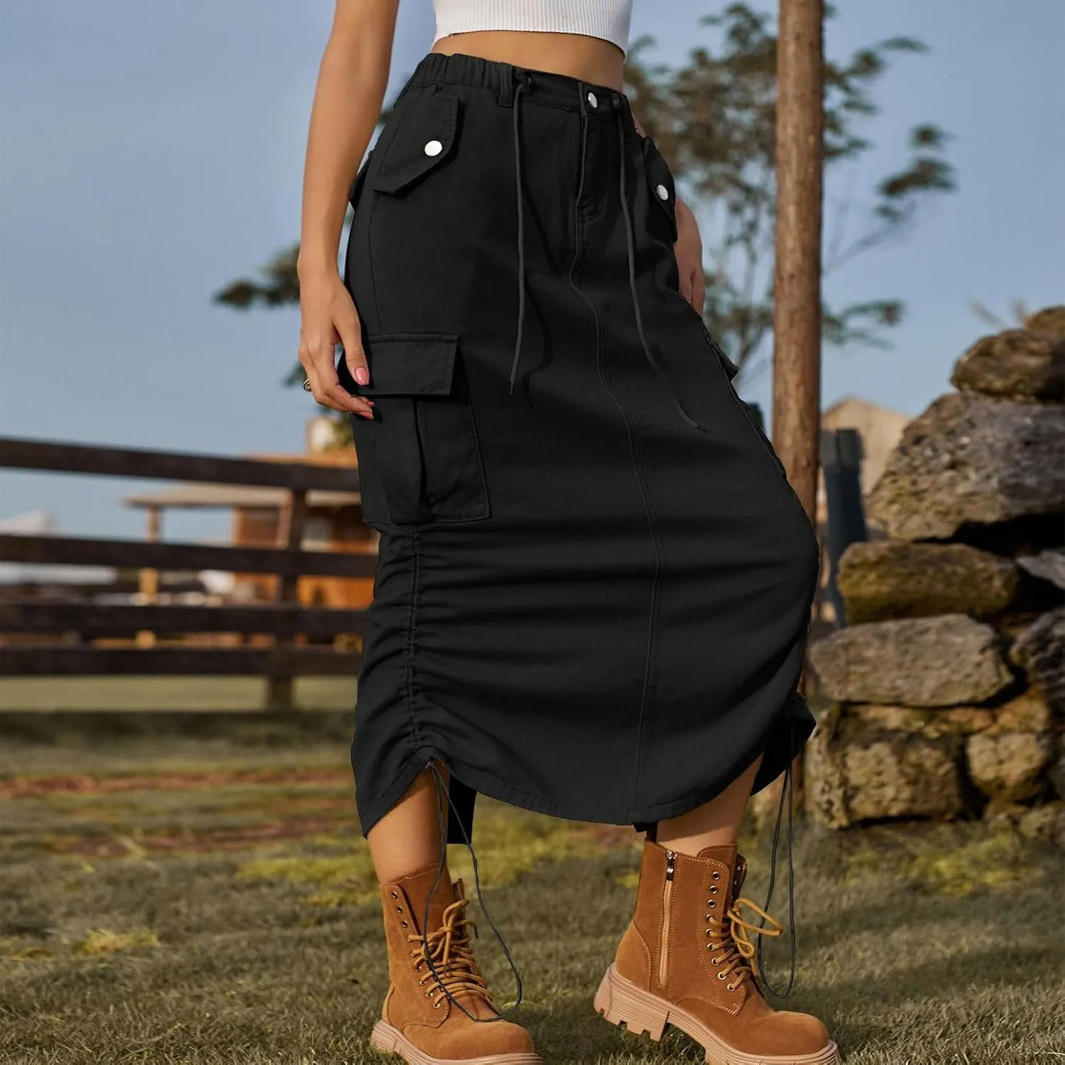 Lu's Chic Women's Denim Skirt Elastic Waist Cargo Western Jean Skirt Summer Pleated Button Pocket Drawstring