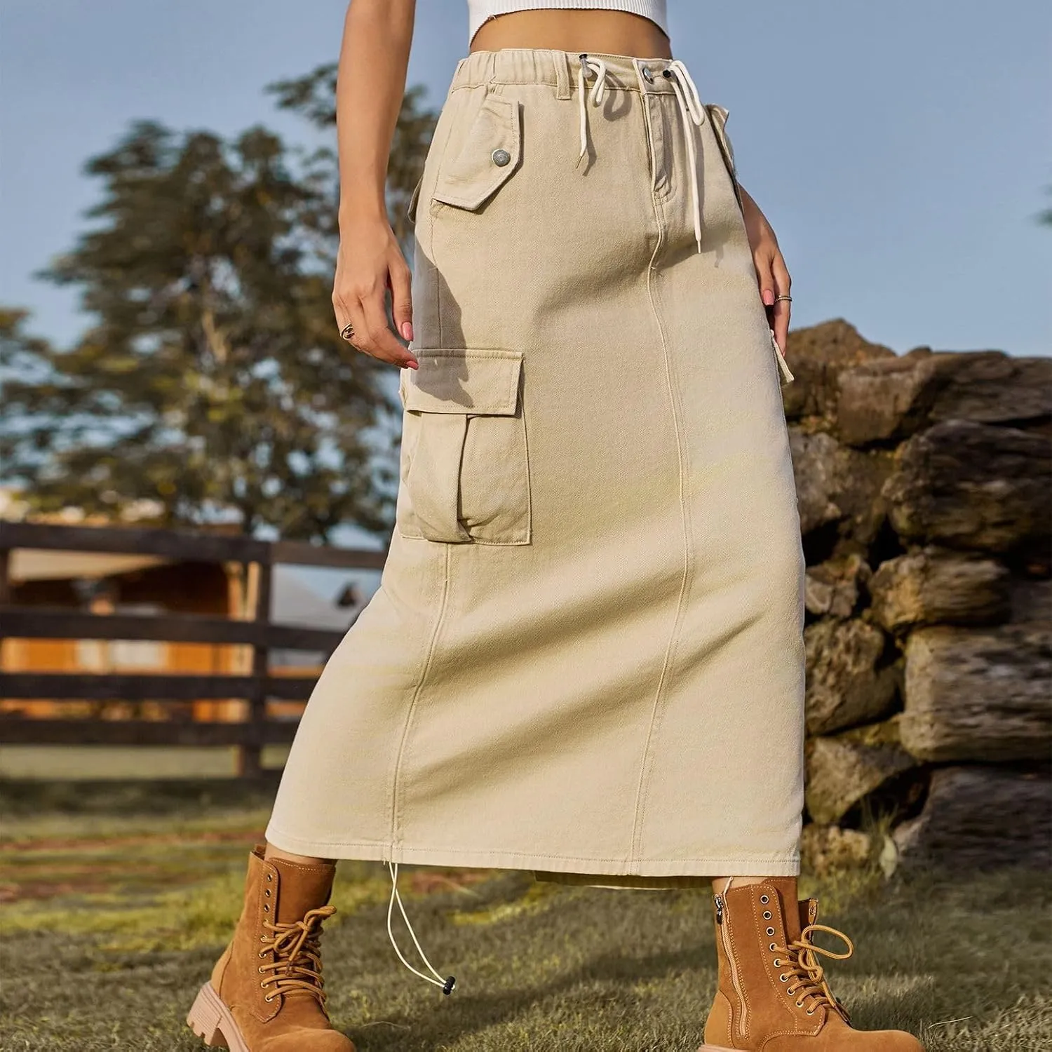 Lu's Chic Women's Denim Skirt Elastic Waist Cargo Western Jean Skirt Summer Pleated Button Pocket Drawstring
