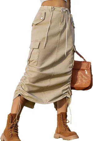 Lu's Chic Women's Denim Skirt Elastic Waist Cargo Western Jean Skirt Summer Pleated Button Pocket Drawstring