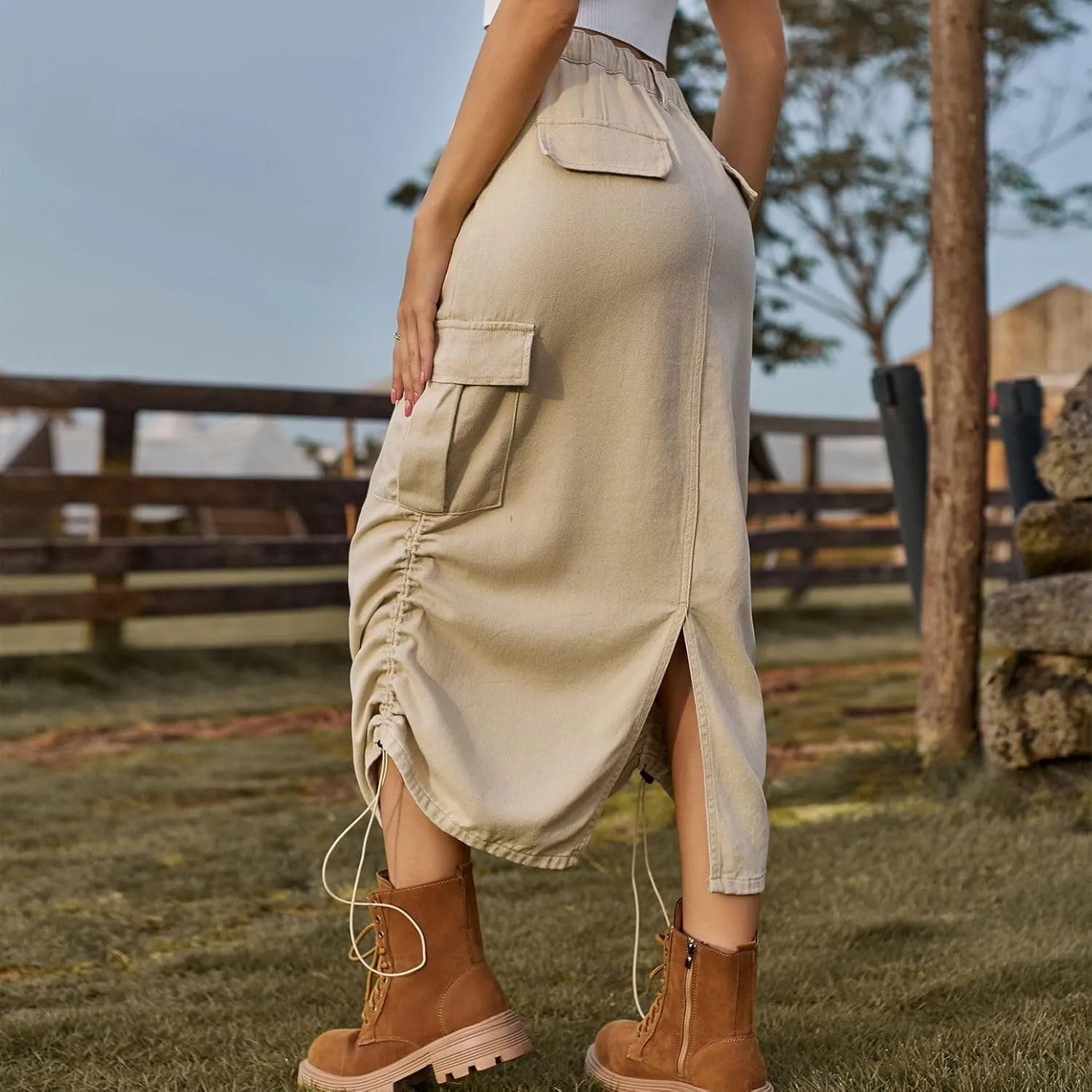 Lu's Chic Women's Denim Skirt Elastic Waist Cargo Western Jean Skirt Summer Pleated Button Pocket Drawstring