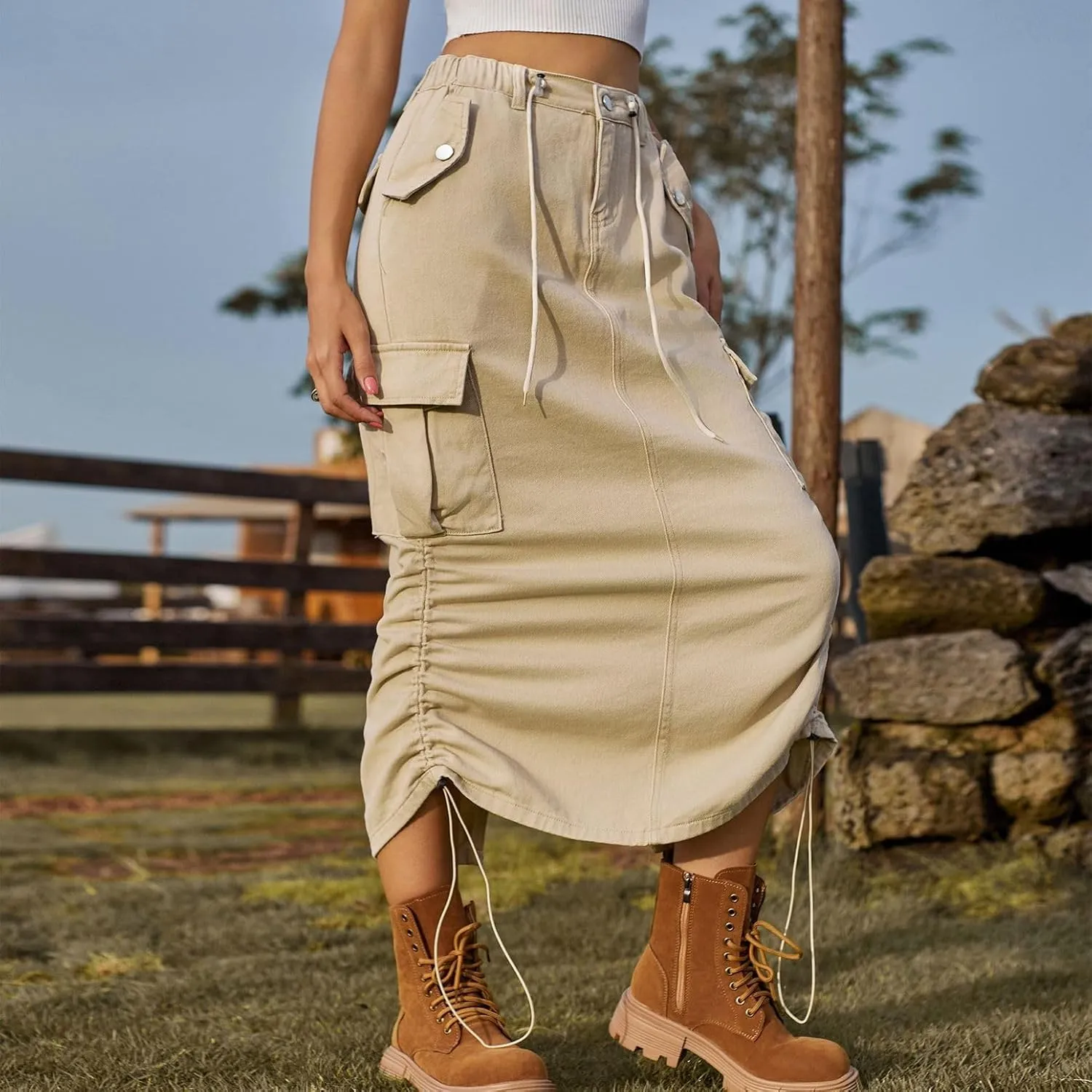 Lu's Chic Women's Denim Skirt Elastic Waist Cargo Western Jean Skirt Summer Pleated Button Pocket Drawstring