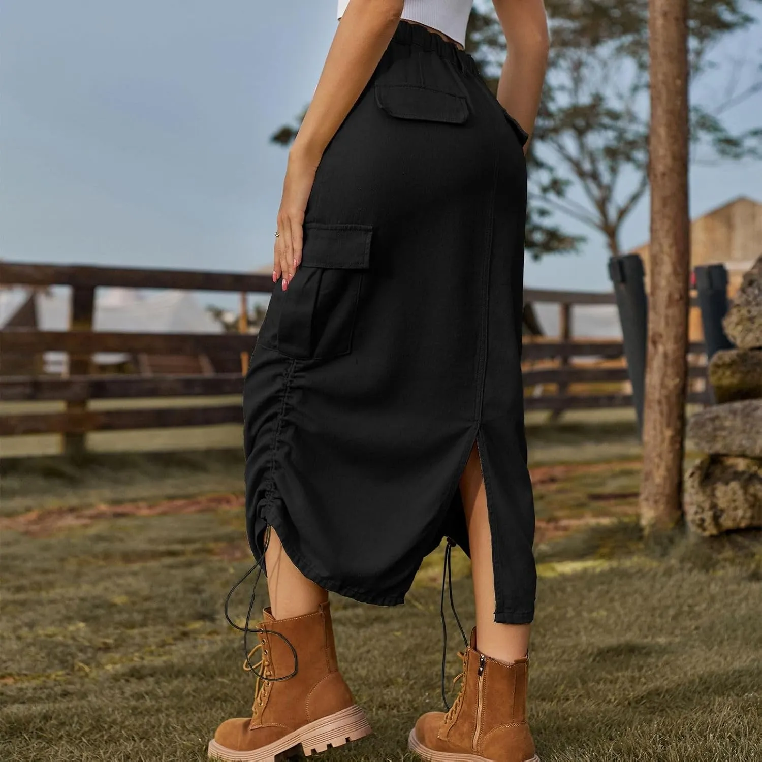 Lu's Chic Women's Denim Skirt Elastic Waist Cargo Western Jean Skirt Summer Pleated Button Pocket Drawstring
