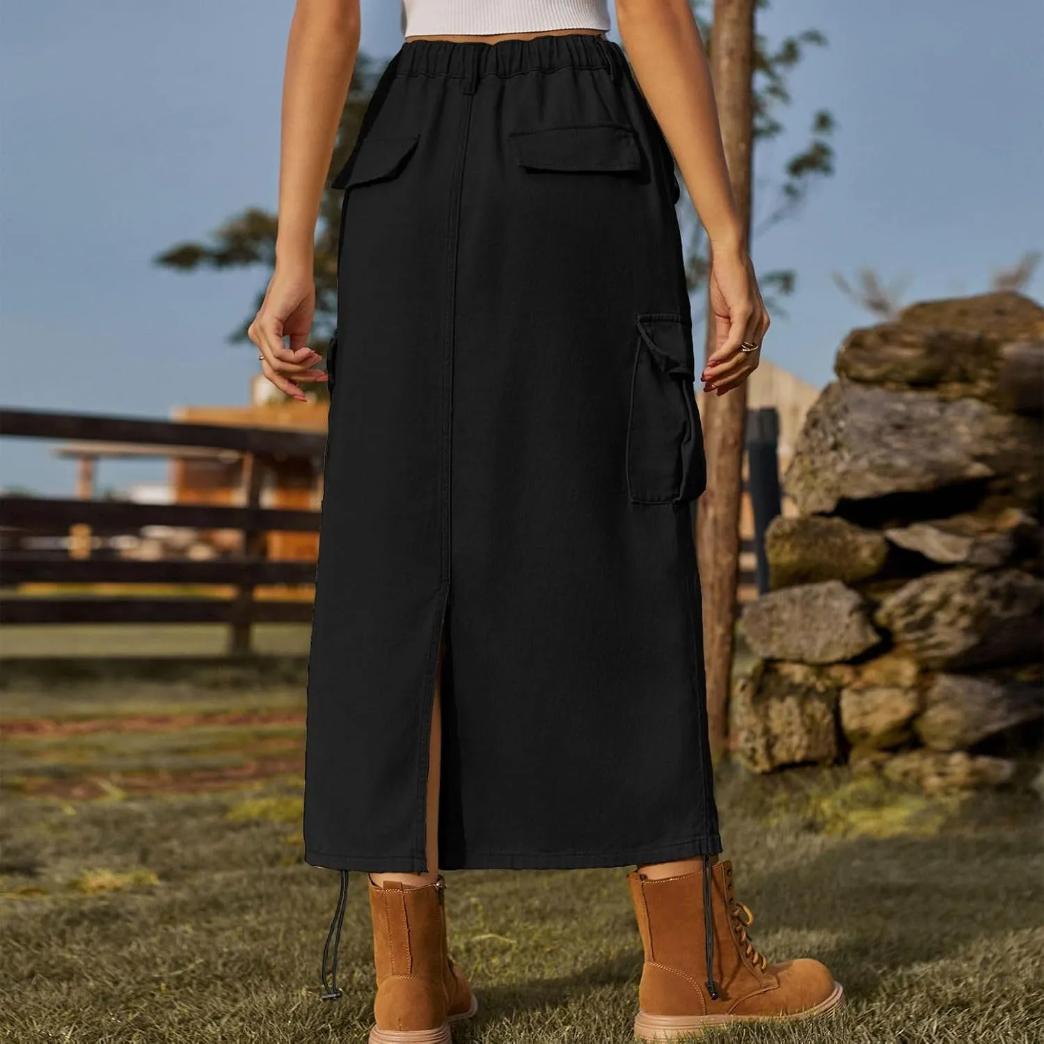 Lu's Chic Women's Denim Skirt Elastic Waist Cargo Western Jean Skirt Summer Pleated Button Pocket Drawstring