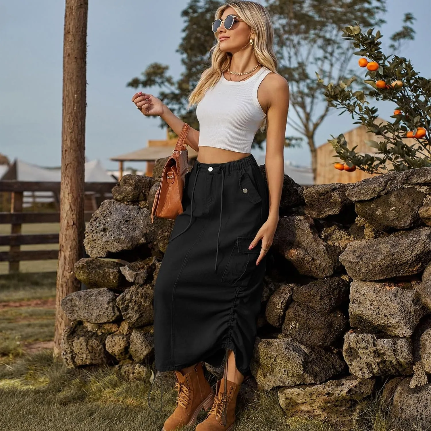 Lu's Chic Women's Denim Skirt Elastic Waist Cargo Western Jean Skirt Summer Pleated Button Pocket Drawstring