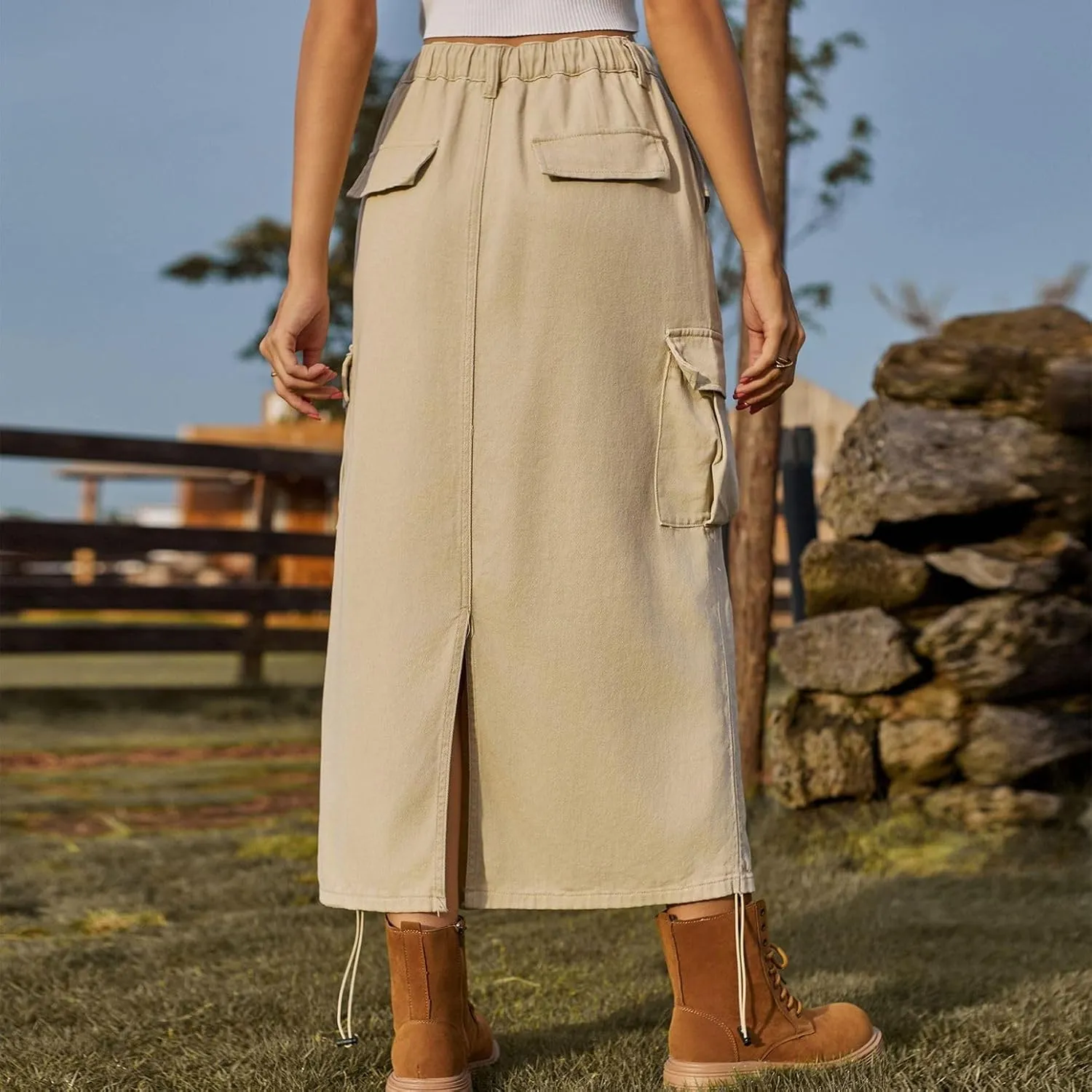 Lu's Chic Women's Denim Skirt Elastic Waist Cargo Western Jean Skirt Summer Pleated Button Pocket Drawstring