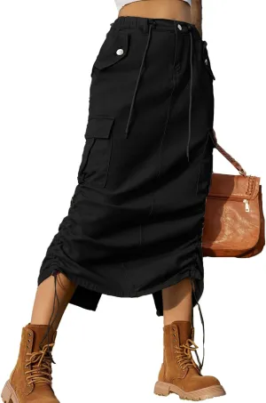 Lu's Chic Women's Denim Skirt Elastic Waist Cargo Western Jean Skirt Summer Pleated Button Pocket Drawstring