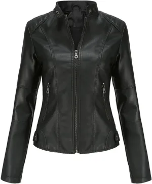 Lu's Chic Women's Long Sleeve Coat Faux Leather Snow Spring Motorcycle Full Zip Leather Jacket Winter Jacket