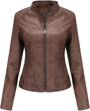 Lu's Chic Women's Long Sleeve Coat Faux Leather Snow Spring Motorcycle Full Zip Leather Jacket Winter Jacket