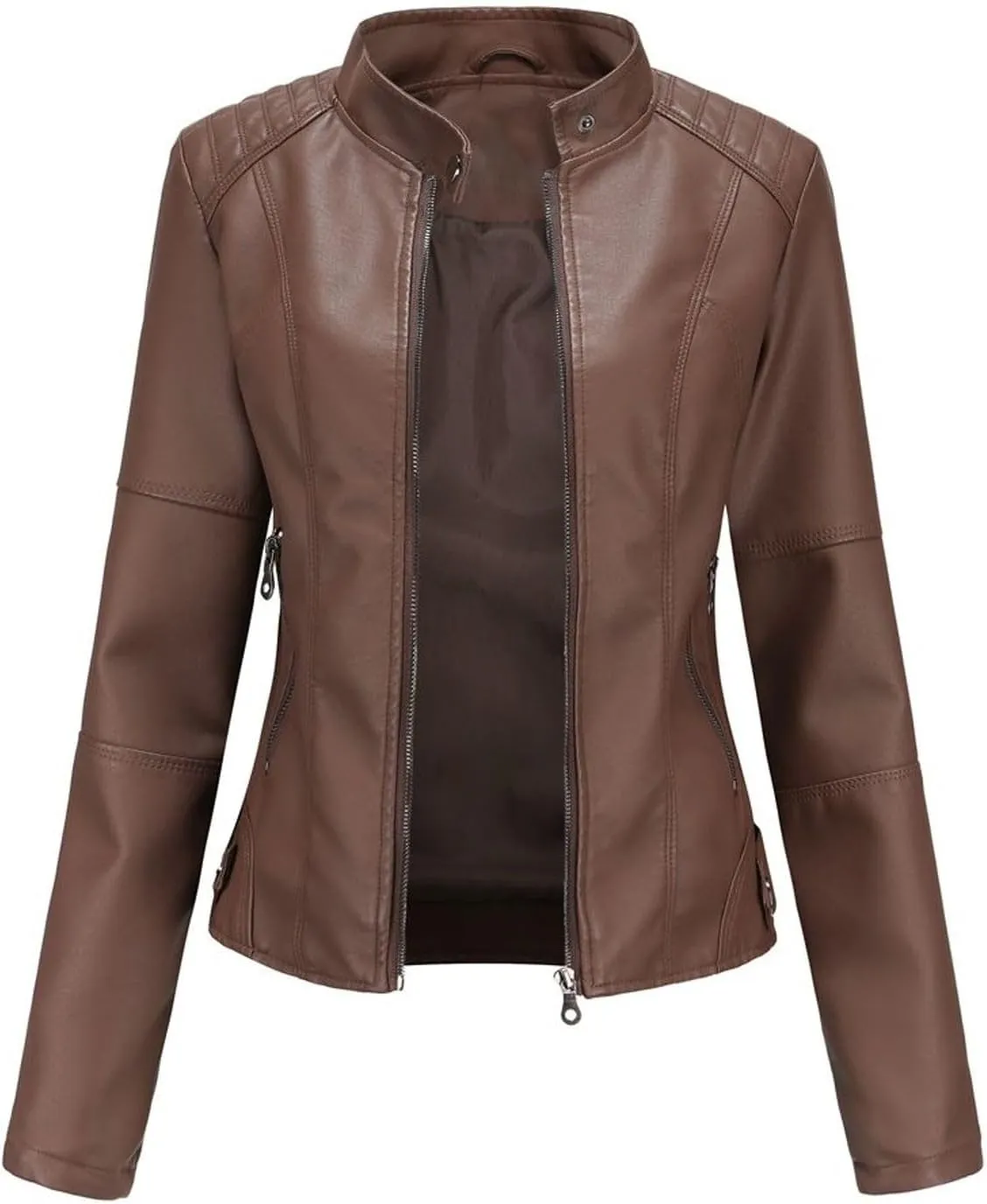 Lu's Chic Women's Long Sleeve Coat Faux Leather Snow Spring Motorcycle Full Zip Leather Jacket Winter Jacket