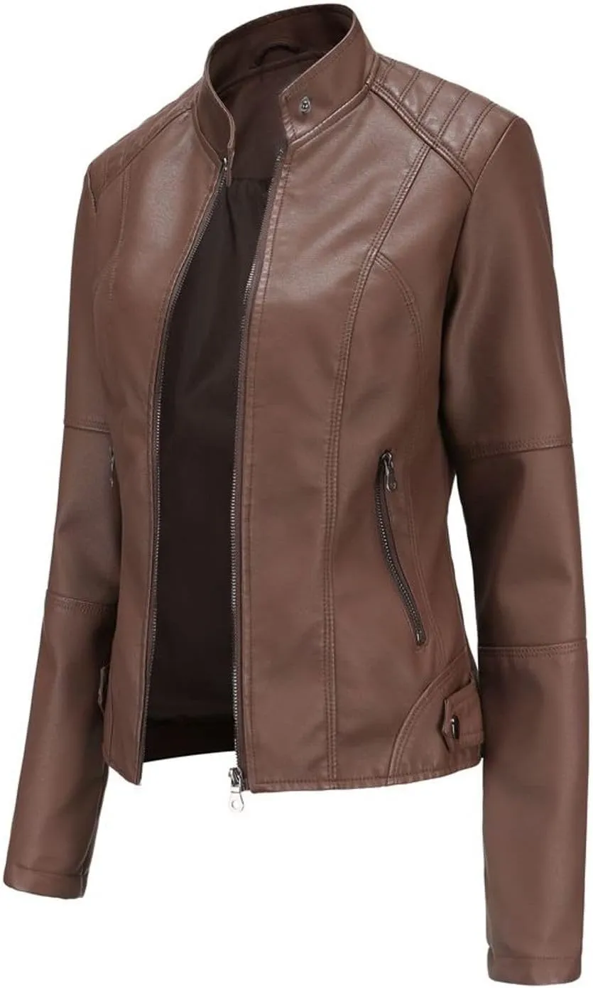 Lu's Chic Women's Long Sleeve Coat Faux Leather Snow Spring Motorcycle Full Zip Leather Jacket Winter Jacket