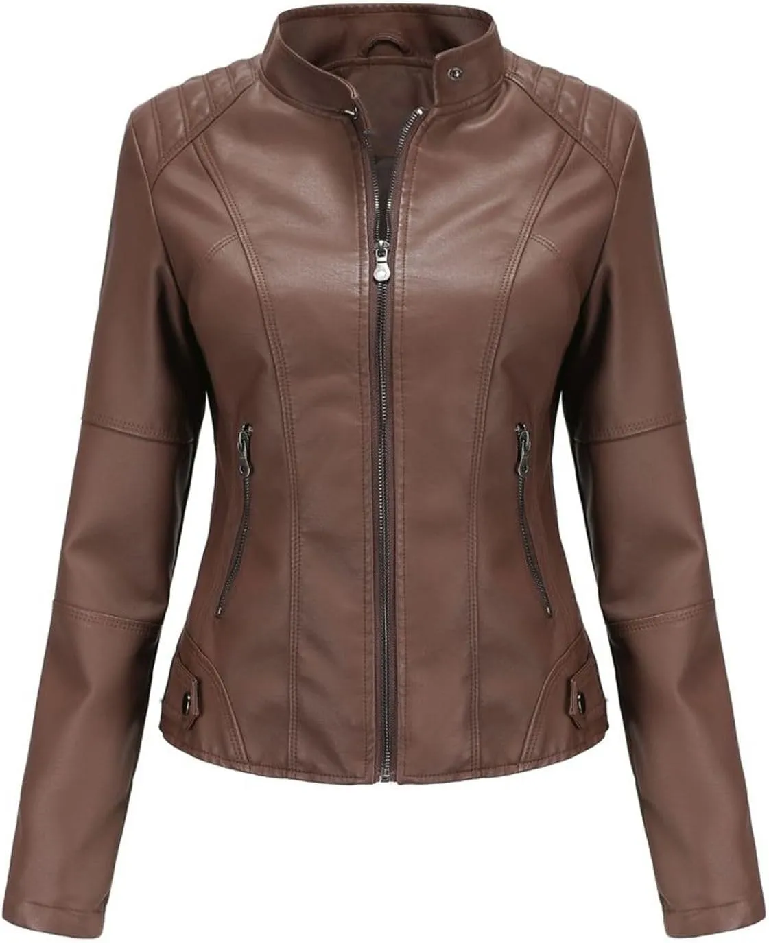 Lu's Chic Women's Long Sleeve Coat Faux Leather Snow Spring Motorcycle Full Zip Leather Jacket Winter Jacket