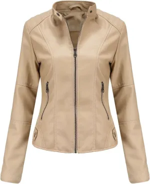 Lu's Chic Women's Long Sleeve Coat Faux Leather Snow Spring Motorcycle Full Zip Leather Jacket Winter Jacket