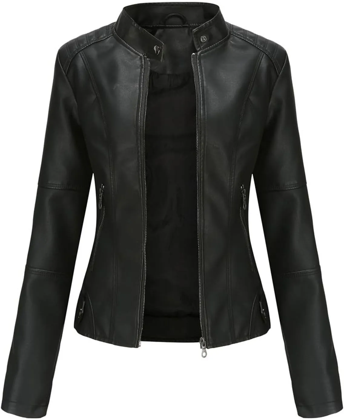 Lu's Chic Women's Long Sleeve Coat Faux Leather Snow Spring Motorcycle Full Zip Leather Jacket Winter Jacket