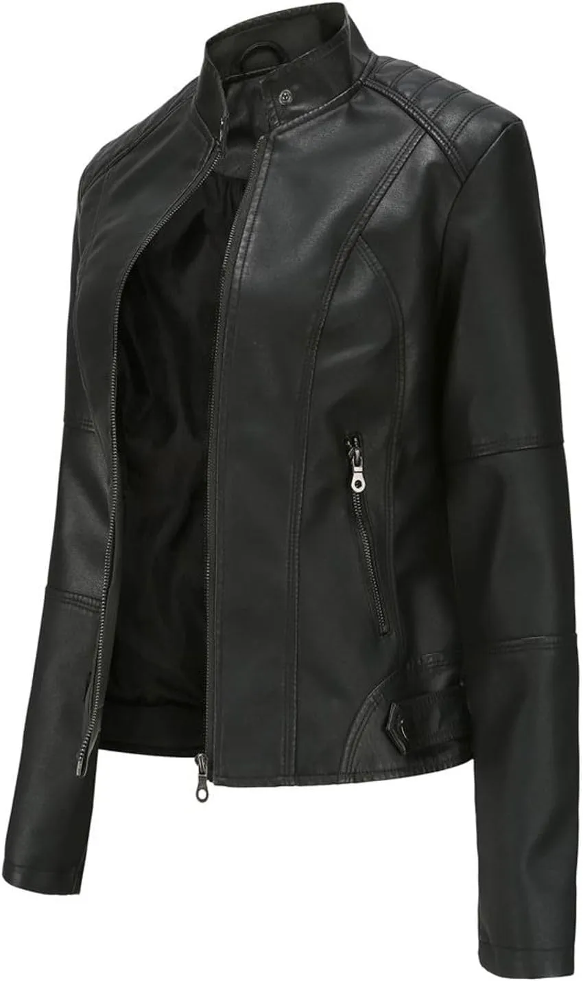 Lu's Chic Women's Long Sleeve Coat Faux Leather Snow Spring Motorcycle Full Zip Leather Jacket Winter Jacket