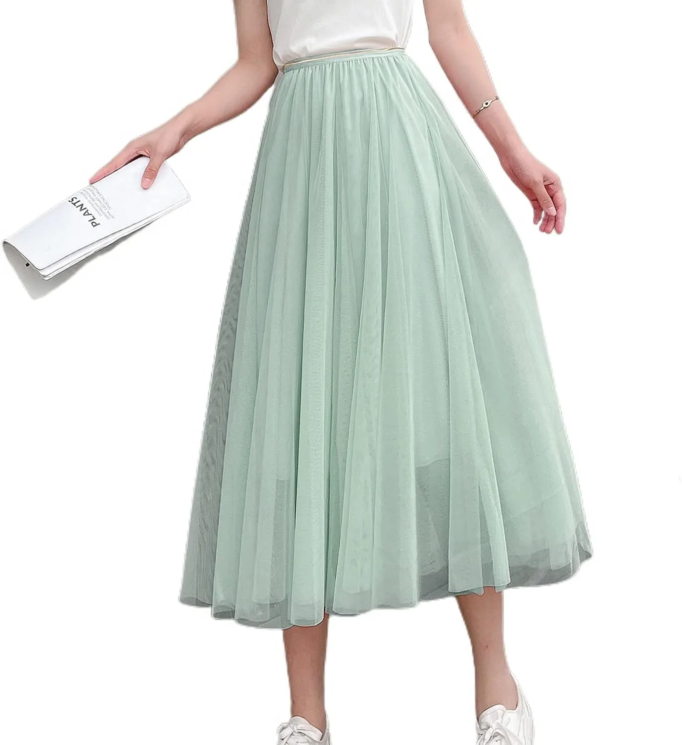 Lu's Chic Women's Pleated Tulle Skirt High Waist Tutu Skirt Chiffon Elastic Waist Summer Layered