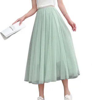 Lu's Chic Women's Pleated Tulle Skirt High Waist Tutu Skirt Chiffon Elastic Waist Summer Layered
