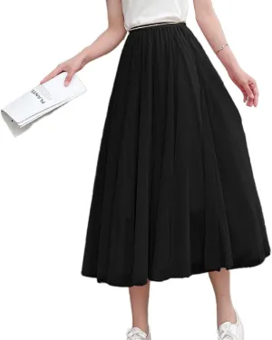 Lu's Chic Women's Pleated Tulle Skirt High Waist Tutu Skirt Chiffon Elastic Waist Summer Layered