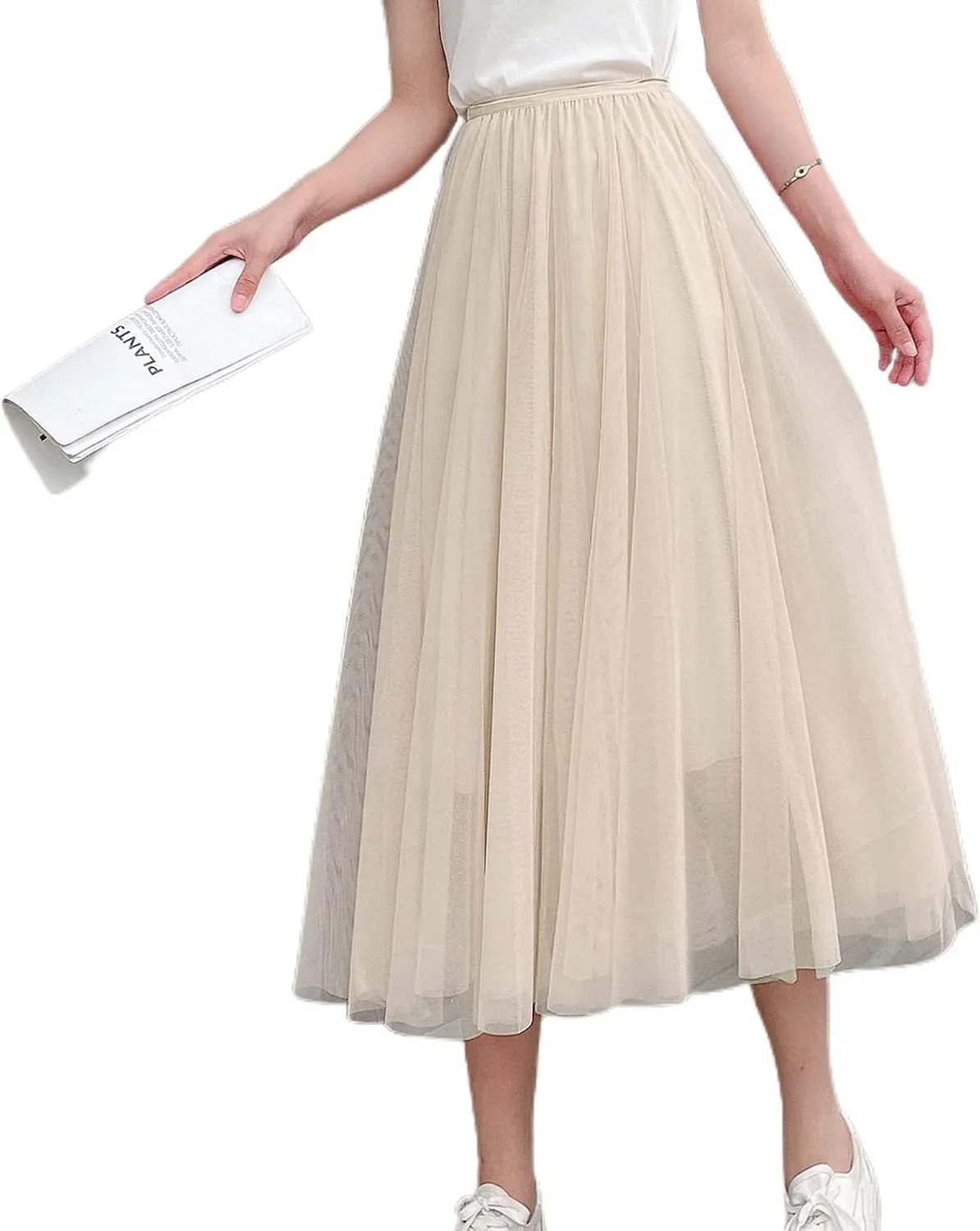 Lu's Chic Women's Pleated Tulle Skirt High Waist Tutu Skirt Chiffon Elastic Waist Summer Layered