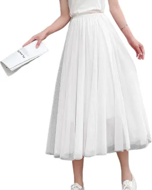 Lu's Chic Women's Pleated Tulle Skirt High Waist Tutu Skirt Chiffon Elastic Waist Summer Layered