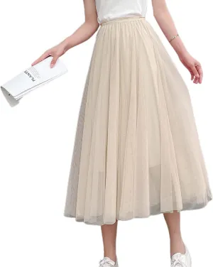 Lu's Chic Women's Pleated Tulle Skirt High Waist Tutu Skirt Chiffon Elastic Waist Summer Layered