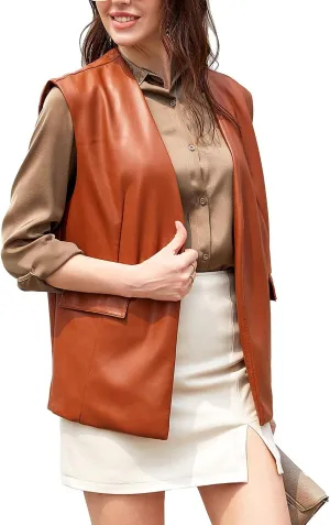 Lu's Chic Women's PU Faux Leather Vest Sleeveless Open Front Top Casual Fashion Fitted Regular Fit