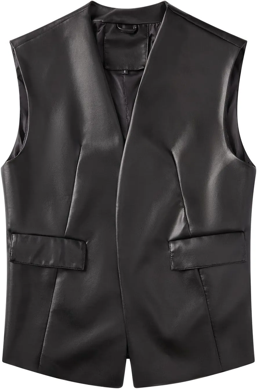 Lu's Chic Women's PU Faux Leather Vest Sleeveless Open Front Top Casual Fashion Fitted Regular Fit