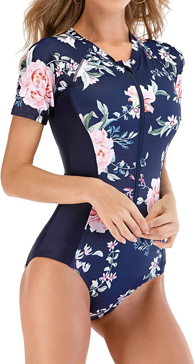 Lu's Chic Women's Rash Guard Zip Wetsuit Long Torso Swimsuit Surf Swimwear One Piece Sleeveless