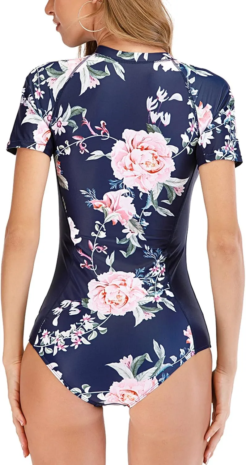 Lu's Chic Women's Rash Guard Zip Wetsuit Long Torso Swimsuit Surf Swimwear One Piece Sleeveless