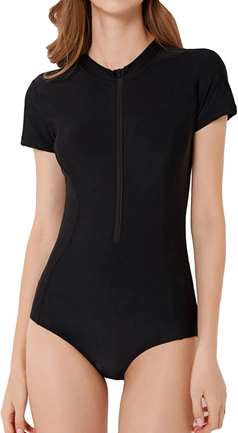 Lu's Chic Women's Rash Guard Zip Wetsuit Long Torso Swimsuit Surf Swimwear One Piece Sleeveless