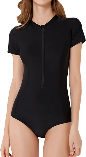 Lu's Chic Women's Rash Guard Zip Wetsuit Long Torso Swimsuit Surf Swimwear One Piece Sleeveless